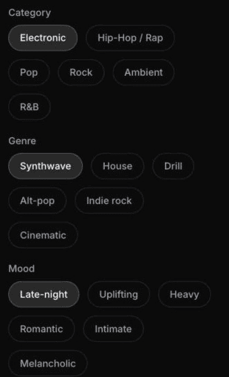 Music Studio genre and mood choices in the mobile web layout