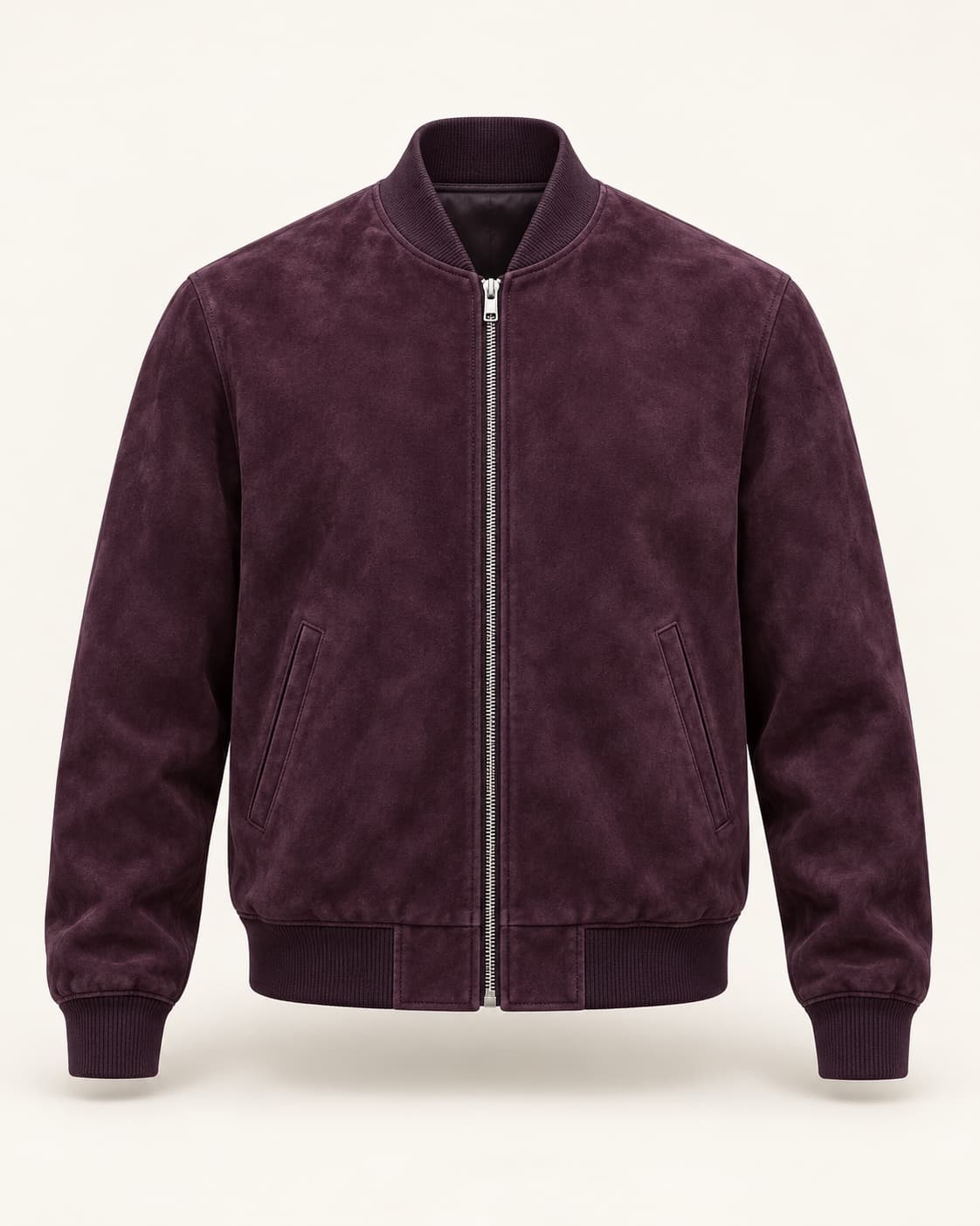 Aubergine suede bomber jacket with a silver zipper and ribbed collar, cuffs and waistband