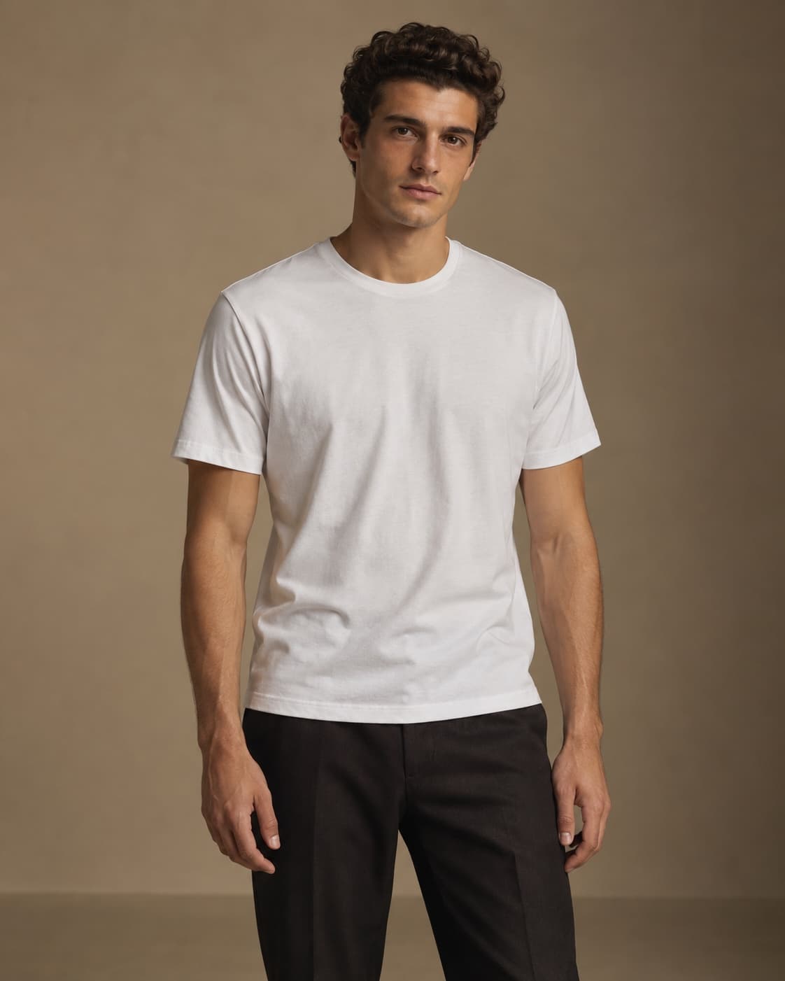 AI-generated adult model wearing a plain white T-shirt before the jacket is added