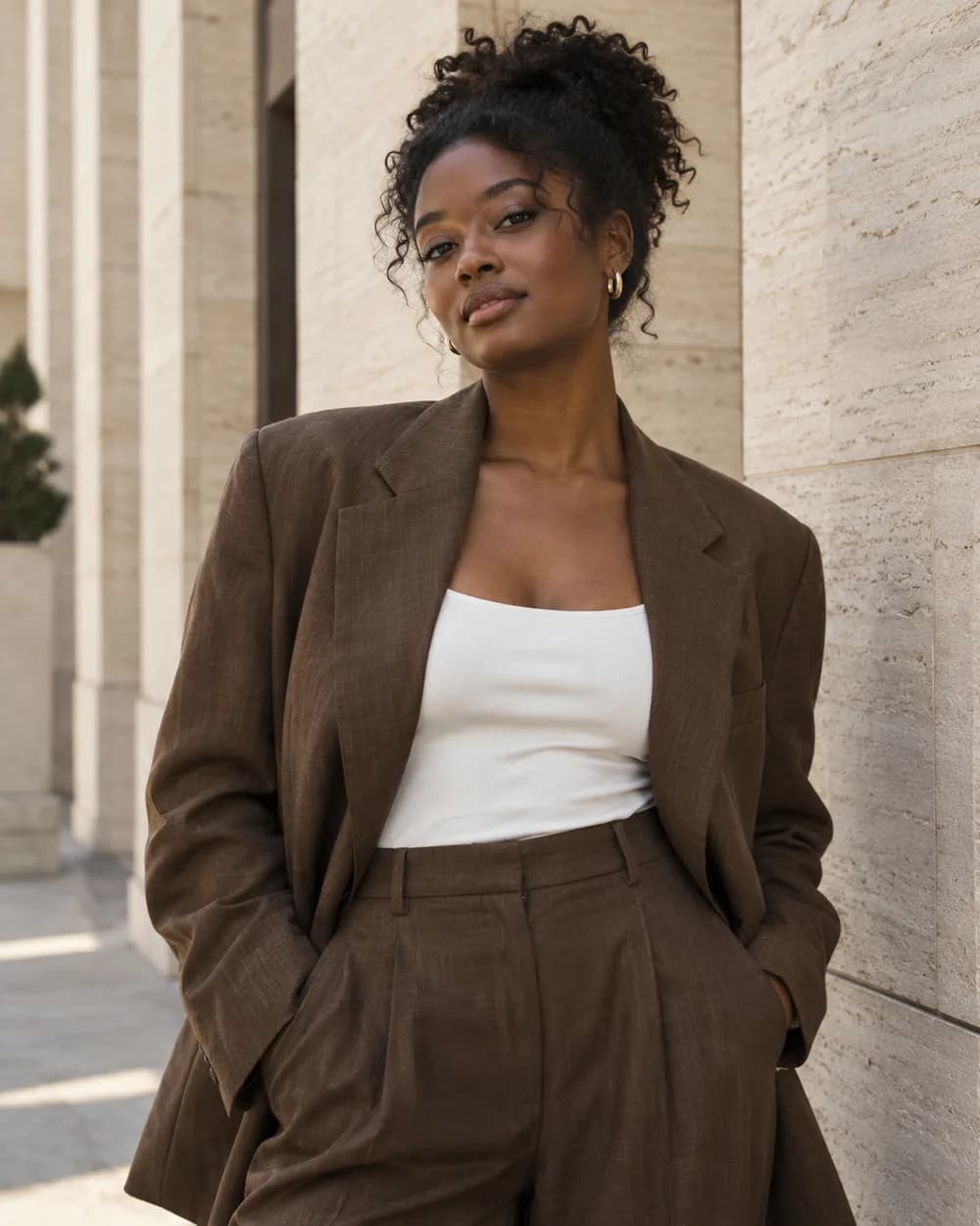 AI-generated example of an adult female fashion creator with curly hair, wearing a brown linen blazer by a stone facade