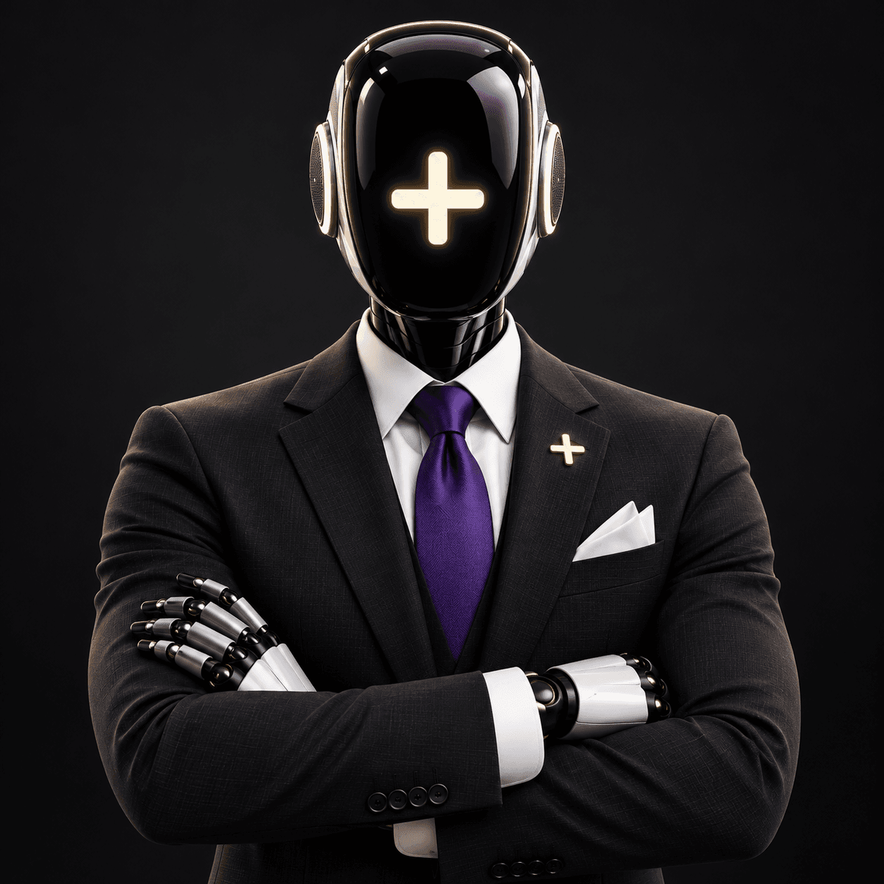Dint, your default AI: a black and gold robot in a suit with a purple tie, standing with arms crossed